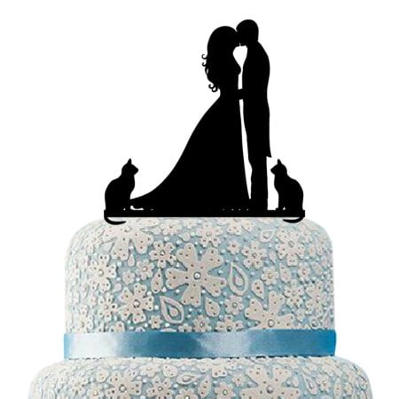 Kissing Couple Cake Topper - HILBOTT Wedding Aniverary Cake Topper couple Bride Groom Family Kissing Couple with Two Cats Silhouette Wedding Cake Topper(Black)