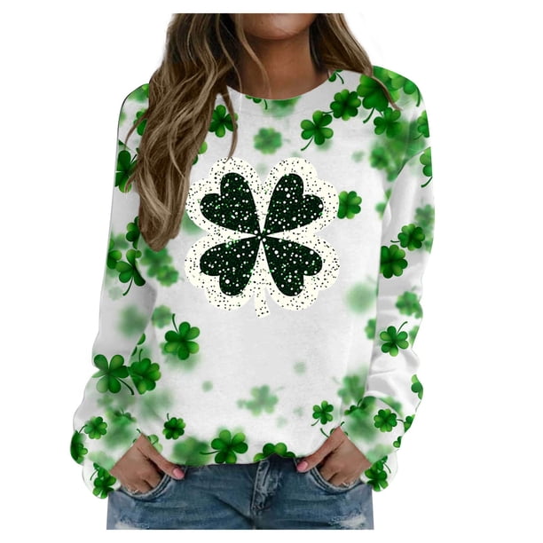 Xuyuer St. Patrick's Day Sweatshirts for Women Shamrock Shirt Clover Printed Irish Gift Casual Loose Long Sleeve Fit Tops