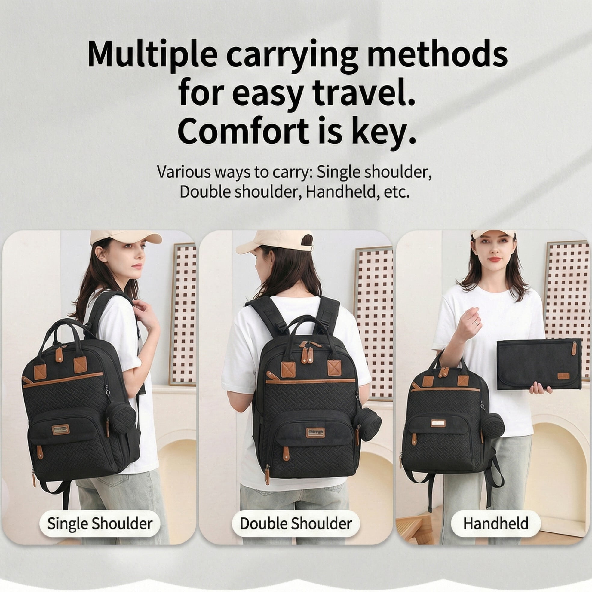 Baby diaper bag, with changing pad, multi-functional baby diaper bag, portable diaper bag, diaper bag storage bag, with insulated bottle bag, suitable for both boys and girls, Black.