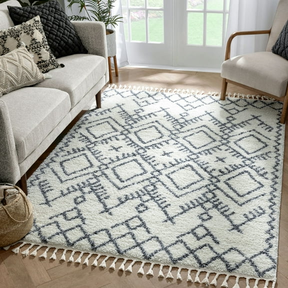 Well Woven Chessa Grey Moroccan Shag Diamond Trellis Pattern Area Rug