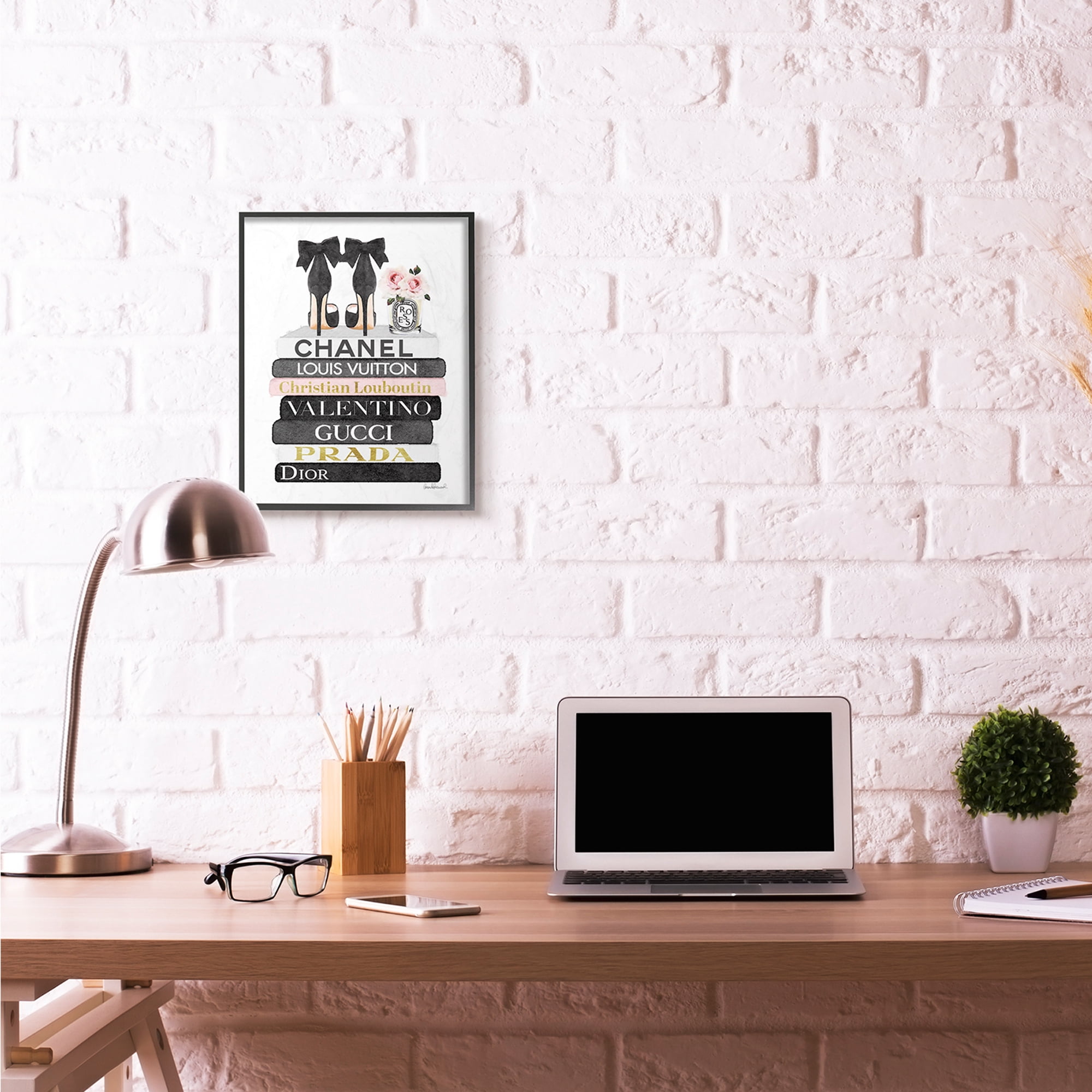 Stupell Industries Fashion Designer Flower Shoes Bookstack Pink Black Watercolor Framed Wall Art by Amanda Greenwood
