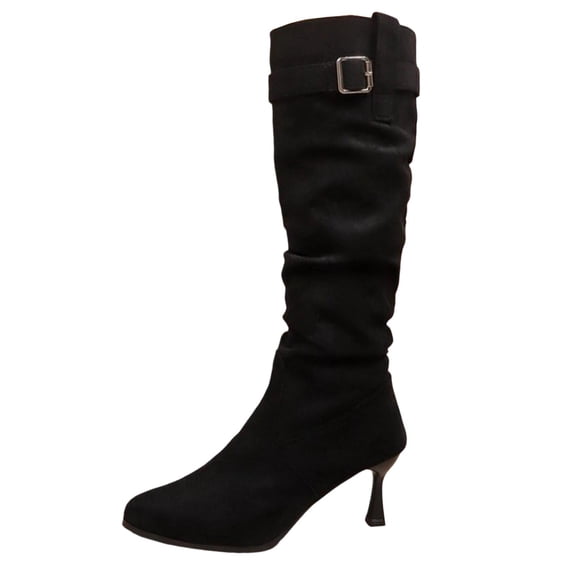 Dasayo Mid-Calf Women Boots Wide Calf Black Slouch Pointed Toe Dress High Heel Boots Woman Shoes 36