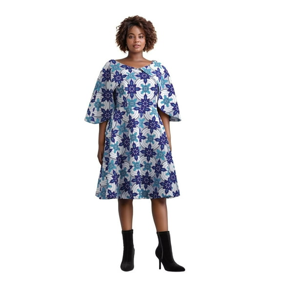 Bintarealwax African Women's Knee Length Dress Shawl Collar Dress African Print Dress Women's Clothing WY10400