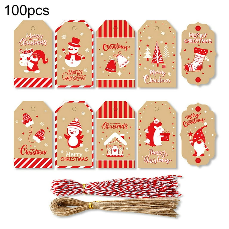 GMMGLT 100pcs Brown Kraft Paper Christmas Gift Tags, Xmas Gift Tags with 100pcs Ropes for DIY Xmas Holiday Present Wrap Stamp and Label Package Name