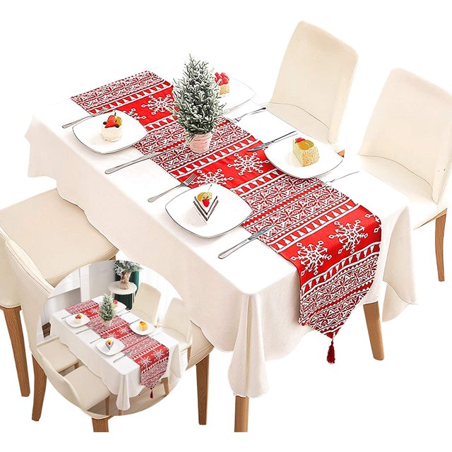 Camino de mesa navideño de alce con copos de nieve, camino de mesa con adornos navideños de algodón rojo utilizado para reuniones familiares, decoraciones navideñas, banderas de cama