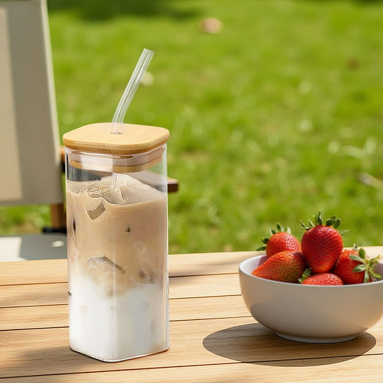 Rbckvxz Square Glass Cup with Wooden Lids and Straws, 350ml/12oz Clear Portable Drinking Tumblers, for Iced Coffee, Cocktail, Beer, Whiskey (Green)