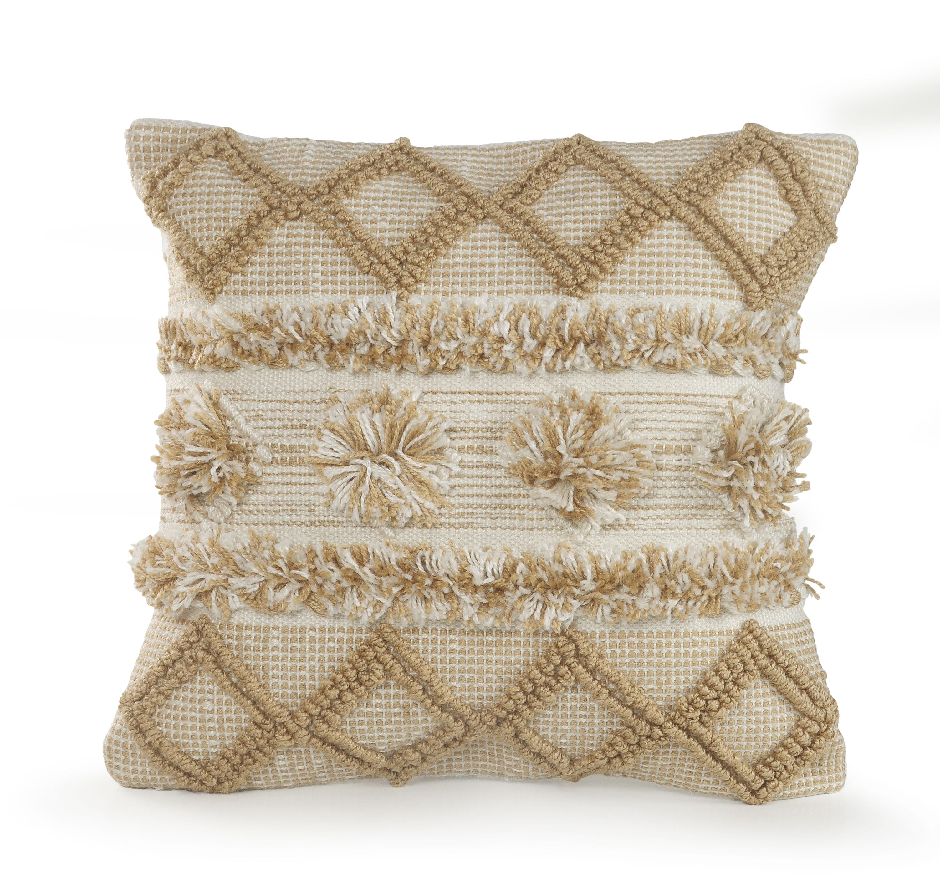 LR Home Cottage Neutral Beige / White 20" x 20" Soft Pom Pom Geometric