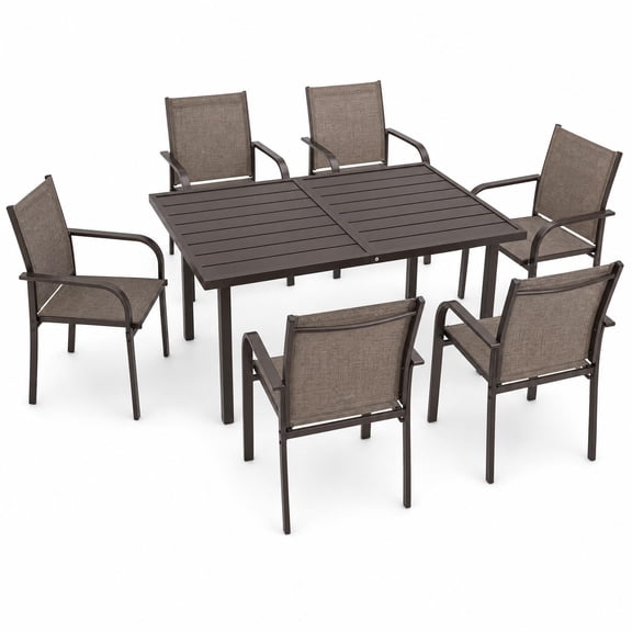 JustSmart 7-Piece Patio Dining Set for 6, 55" Rectangular Steel Slat Table, 6 Breathable Textilene Chairs with Armrests, Brown