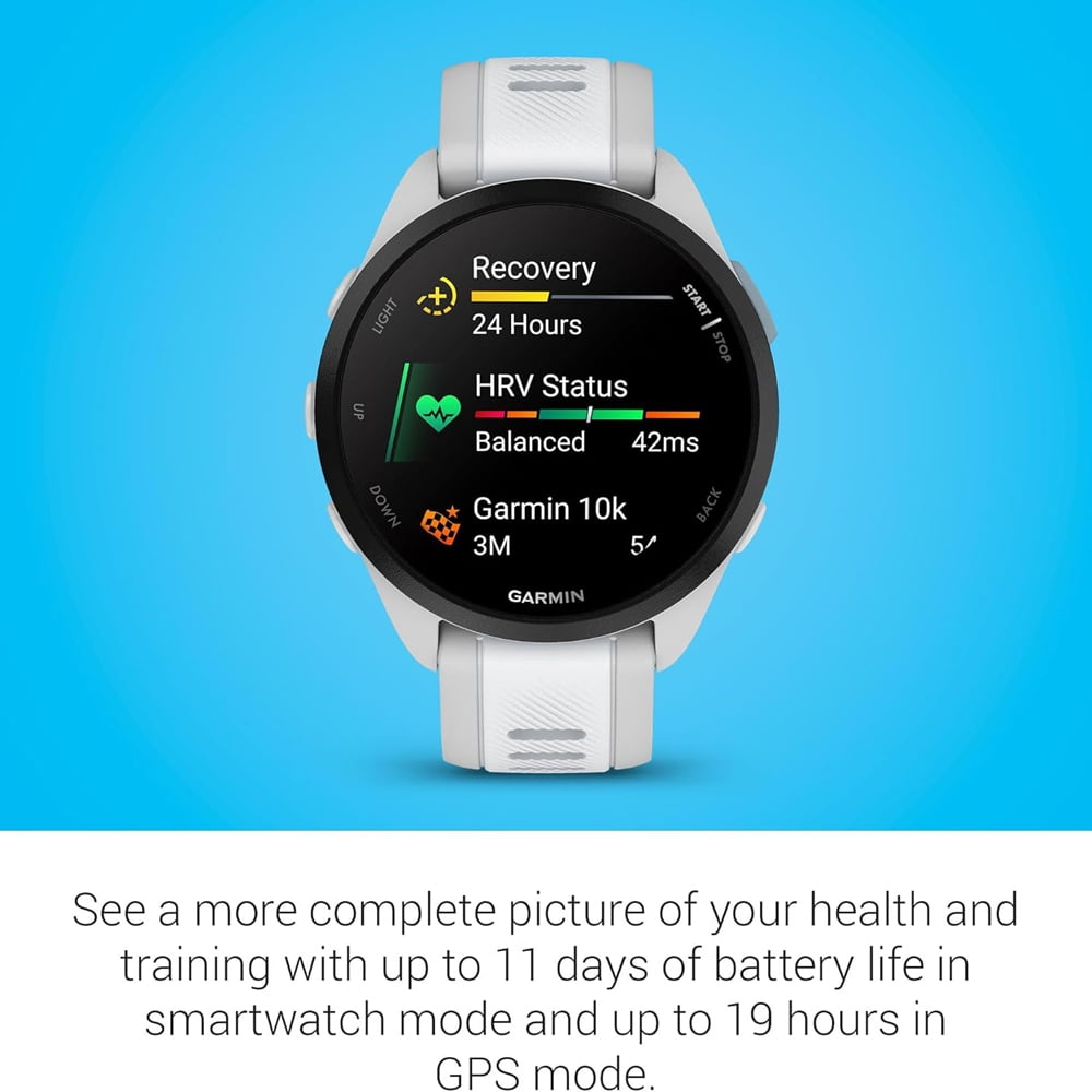 Garmin Forerunner 165 Smart Sport Watch, Mist Gray + Whitestone 010-02863-21 Bundle with Deco Essentials 3x Nylon Elastic Bands, 3x Silicone Dust Cover and 2x Screen Protector