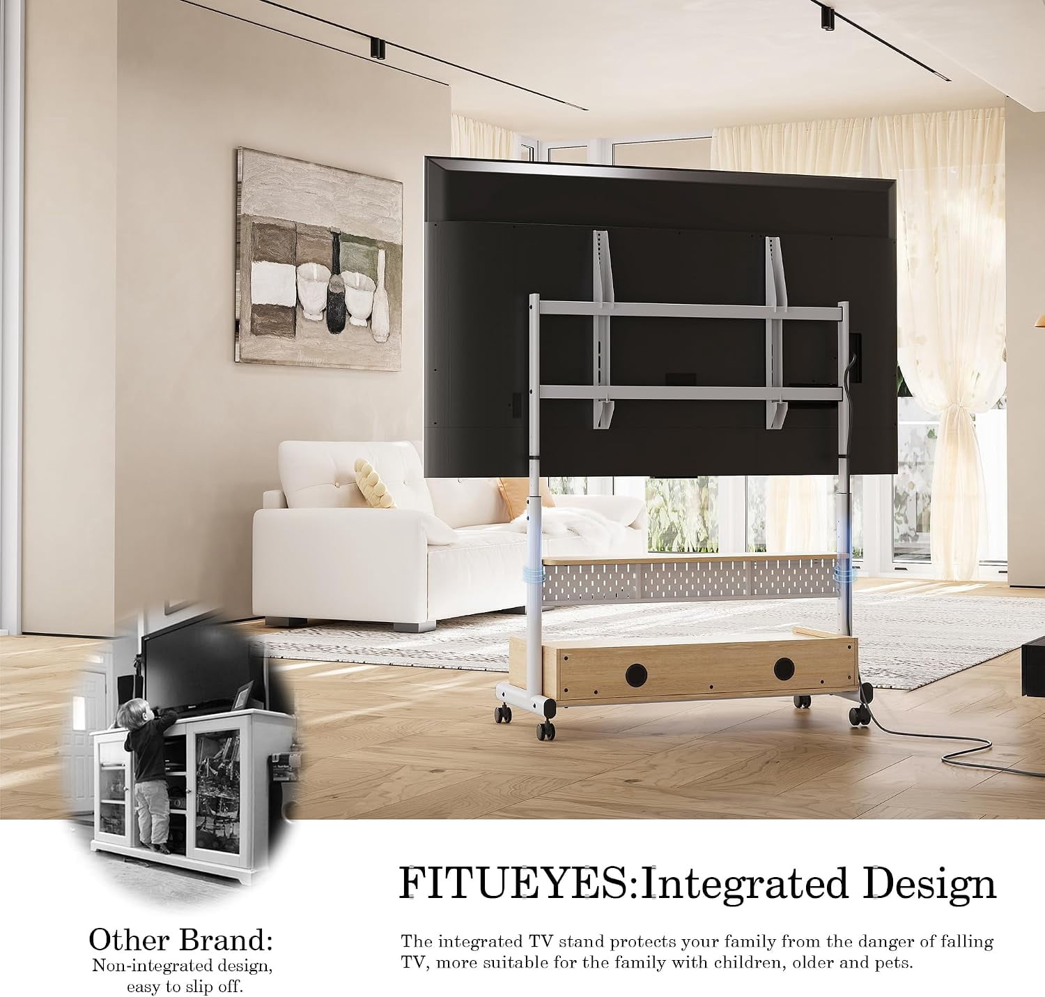 FITUEYES Rolling TV Stand for 70–100 Inch TVs, White, Wood Shelf & Pegboard