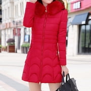 EGNMCR Womens Long Puffer Coat, Long Sleeve Padded Winter Down Coats, Hooded Parka Jacket Women Hooded Outwear Warm Coat Long Thick Furry Collar Slim Jacket Women Coat