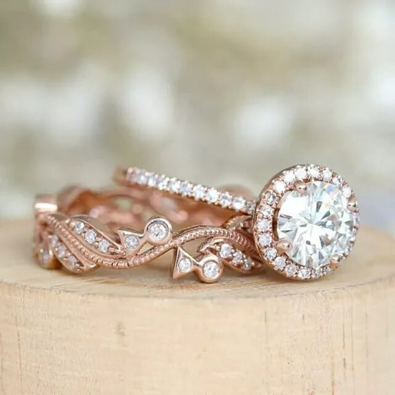 2CT Round Cut Real Moissanite Halo Bridal Set Wedding Ring 14K Rose Gold Plated