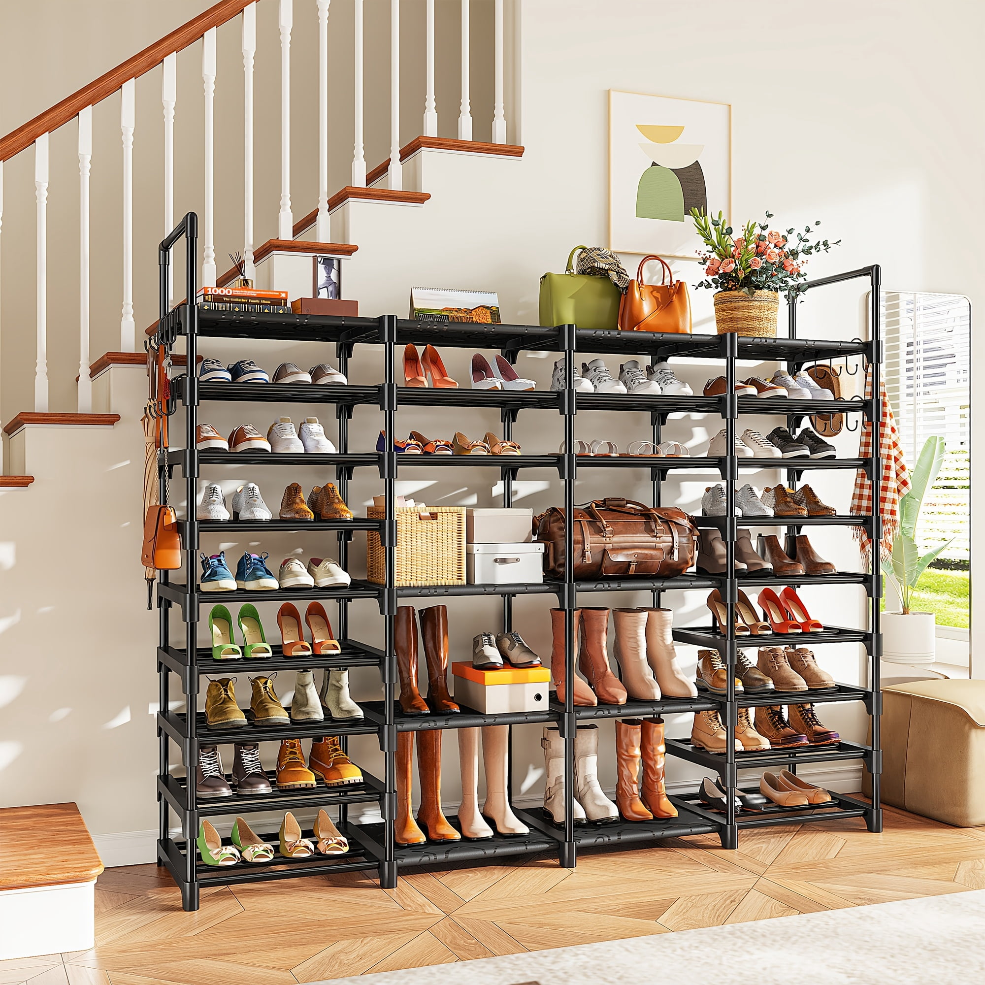 Storvive 9 Tiers Large Shoe Rack, 4 Columns Metal Shoe Storage Organizer, Holds up to 70 Pairs (62 inches, Black)