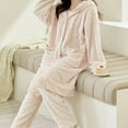 thumbnail image 4 of Women's Coral Fleece Pajamas Sets Long Button Down Hooded Cardigan with Pants Fluffy Cozy 2 Piece Pjs Set Homewear Womens Clothes, 4 of 7