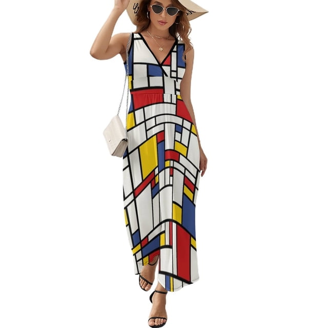Piet Mondrian Abstrait Pop Art Années 1960 Rouge Bleu Jaune Rectangles Robes Sans Manches Robes d'Été Soirée Femmes