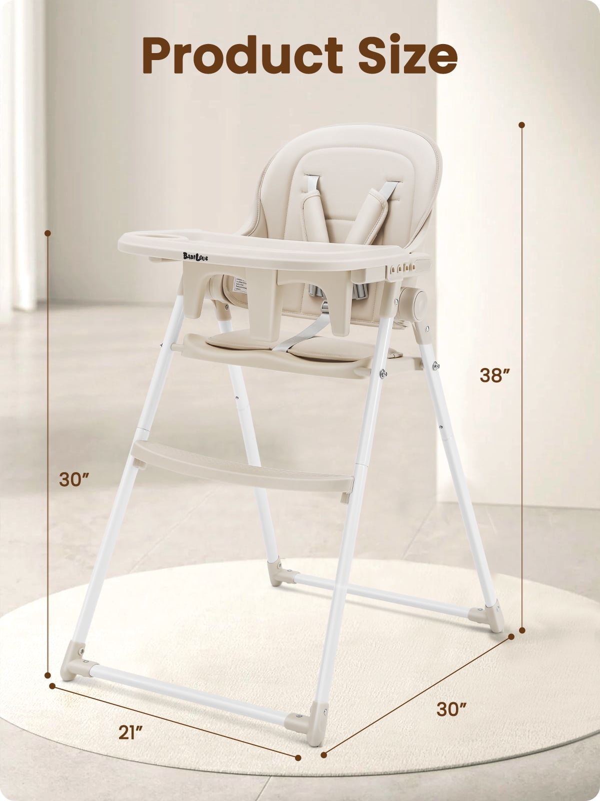 Babilous Foldable High Chair for Babies and Toddlers – Portable, Convertible High Chairs with Adjustable Tray, 5-Point Harness, and Easy-to-Clean Design, Beige