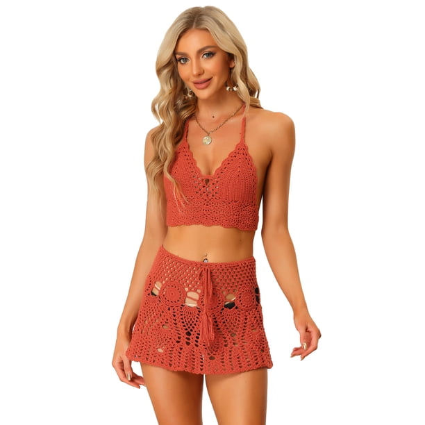 Conjunto de bikini Allegra K 2 piezas minifalda con parte superior de Cami calada ganchillo playa verano rojo M