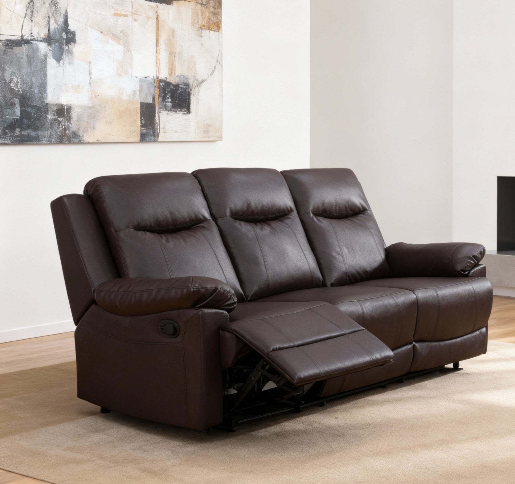 Gewnee Brown 3-Seater Sofa, Air Leather & High-Elastic Sponge, Adjustable Recline, Perfect for Living Rooms