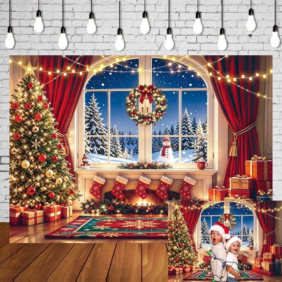 7x5FT Christmas Backdrop Christmas Window Background Fireplace Winter Snow Forest Xmas Tree Gift Party Banner for Family Holiday Party Baby Portrait Photography Booth Decorations Vinyl