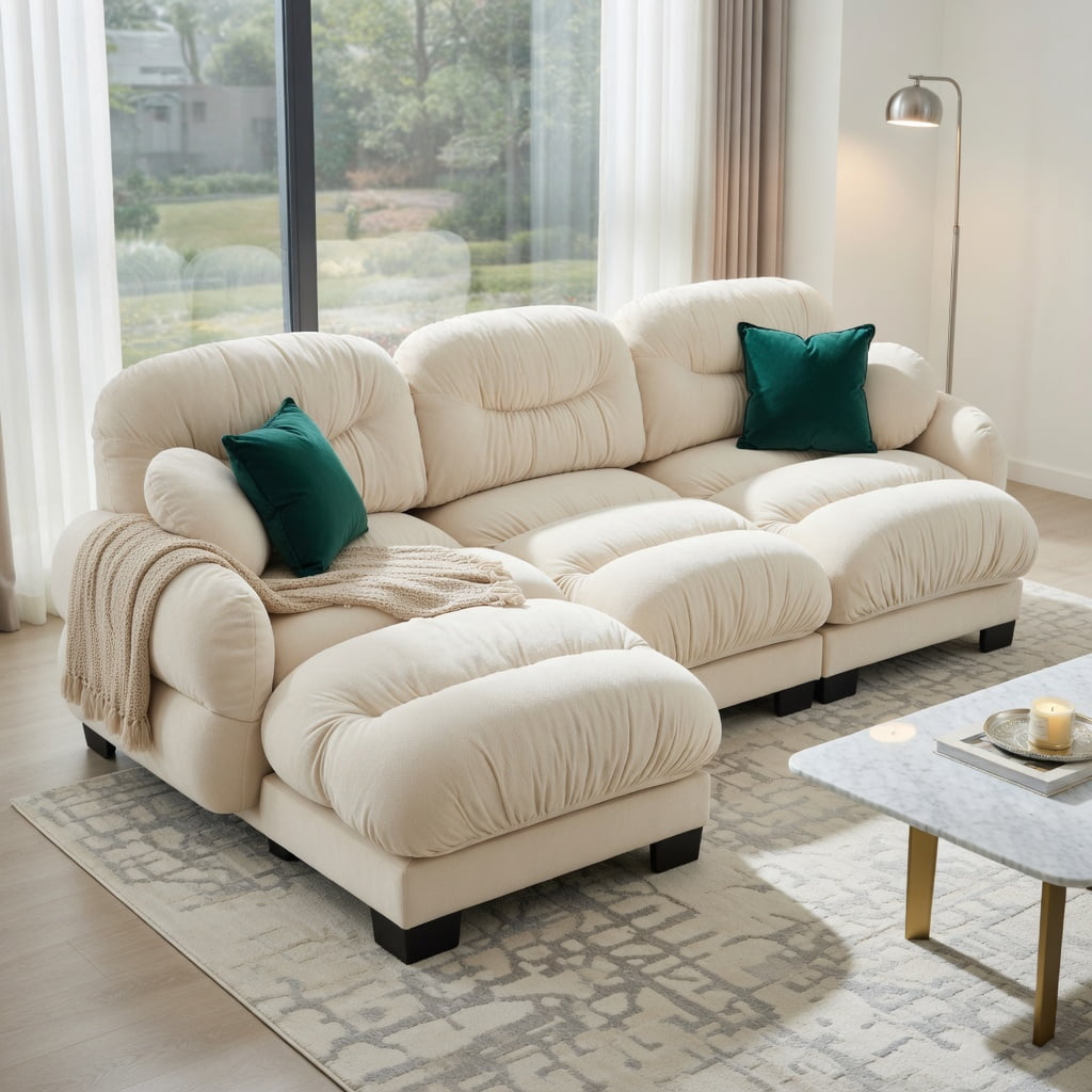 Hommoo Chenille 2-Seat Modular L-Shaped Sectional Sofa with Ergonomic Foam, Curved Armrests, 2 Ottomans & Throw Pillows, Pleated Back Design, Beige