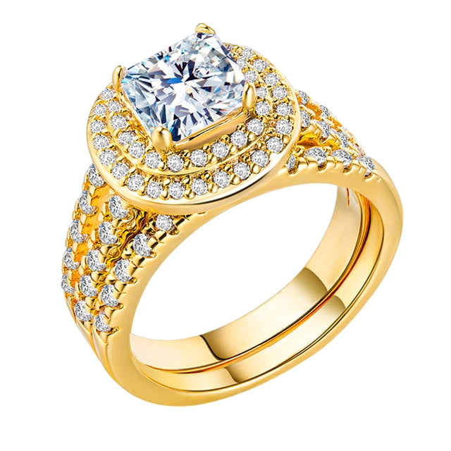 Fiudx Anillos de Compromiso con Diamantes Dorados, Corte Princesa de Diamantes con Circonitas, Anillos de Compromiso para Bodas, Aniversarios y Promesas.