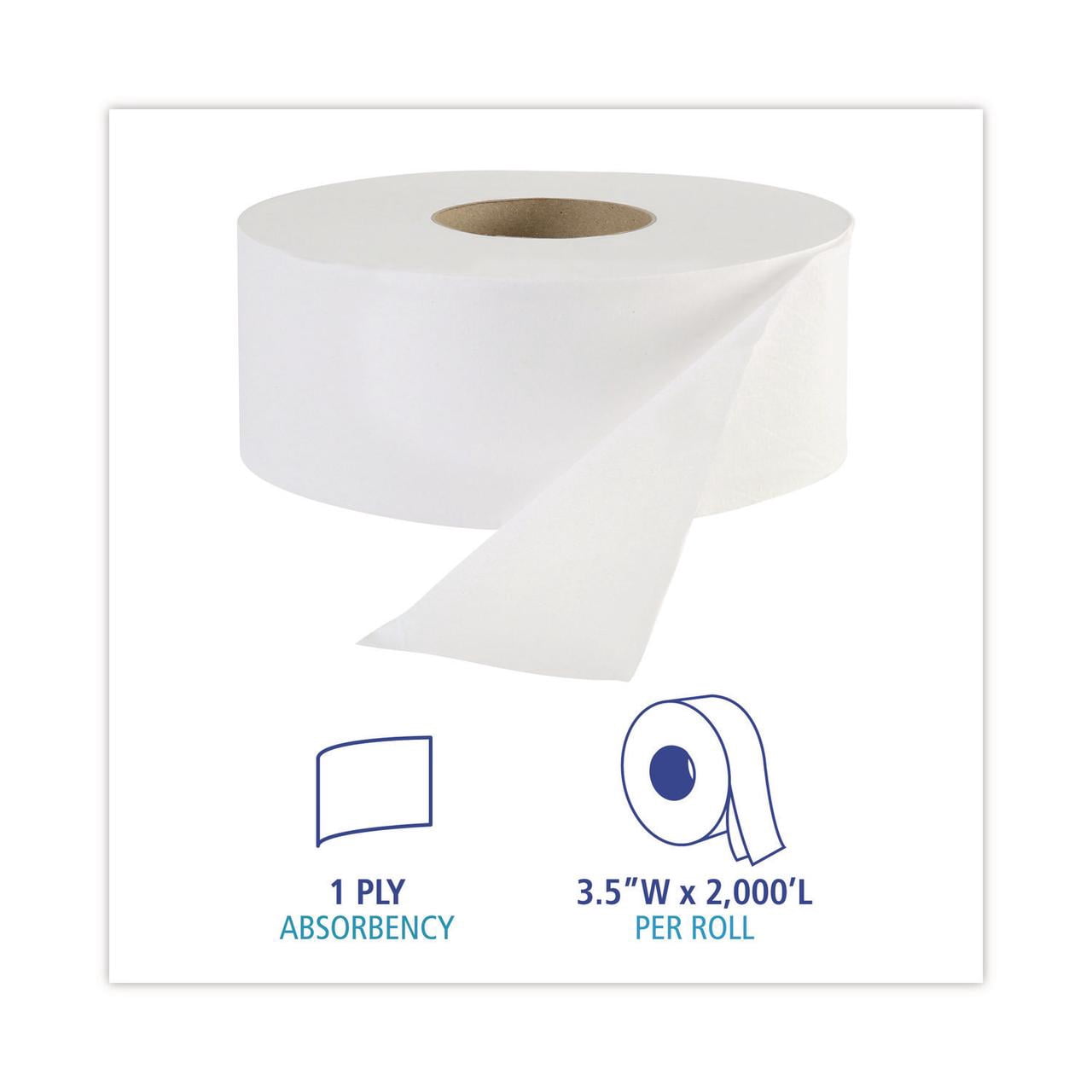Boardwalk JRT Jr. Toilet Paper, Jumbo, Septic Safe, 1-Ply, White, 3.3" x 2,000 ft, 12/Carton