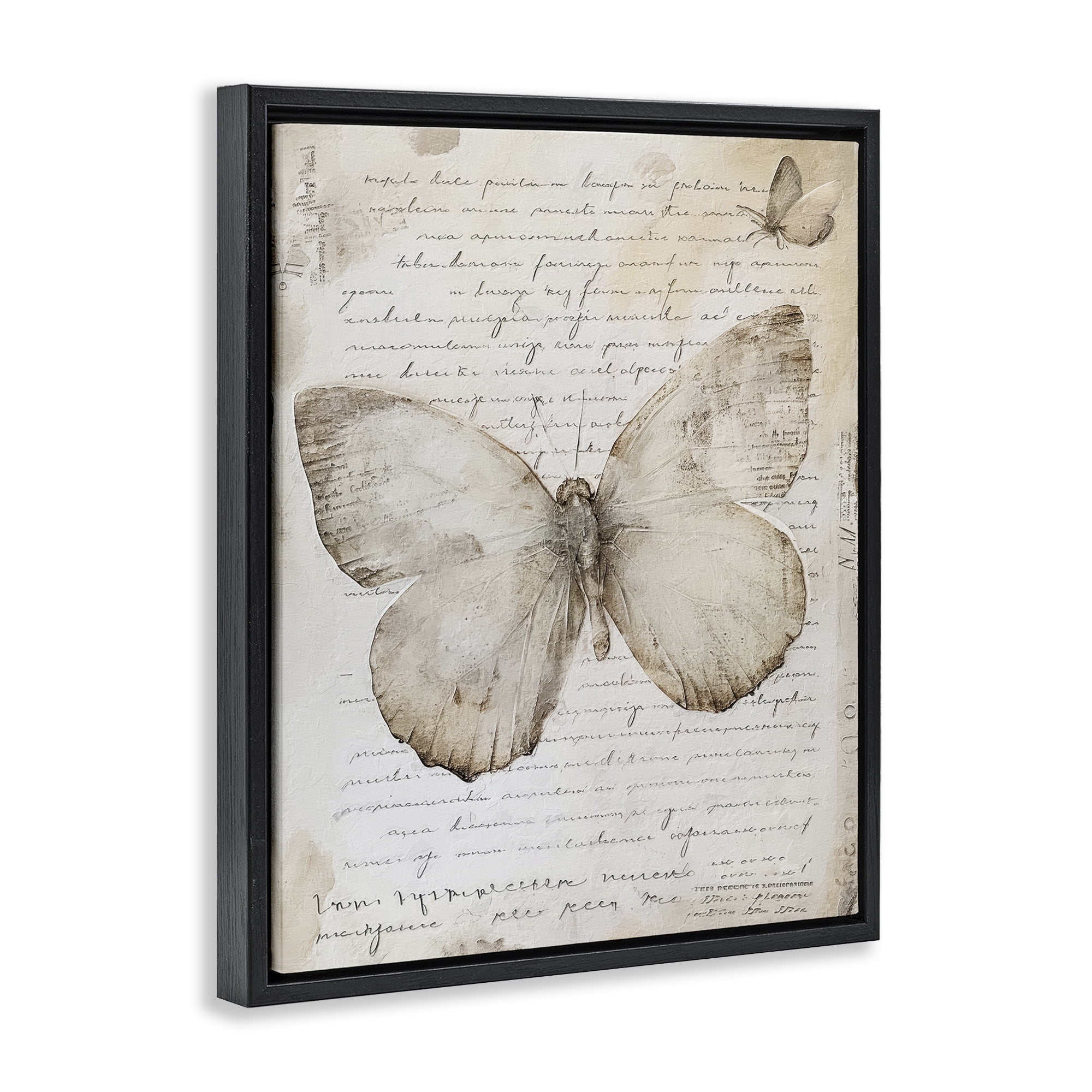 Stupell Industries Butterfly & Vintage Cursive Animals Painting Black Floater Framed Canvas Art Print Wall Art, 17 x 21