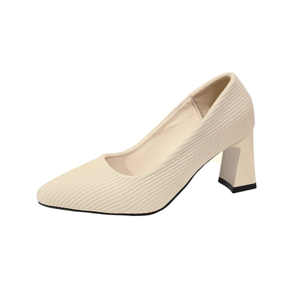 Gpaecead Women's Chunky Heel Cloth Pumps Pointed Toe Slip On Cushioned Work Shoes With Ribbed Texture For Office Commute Beige