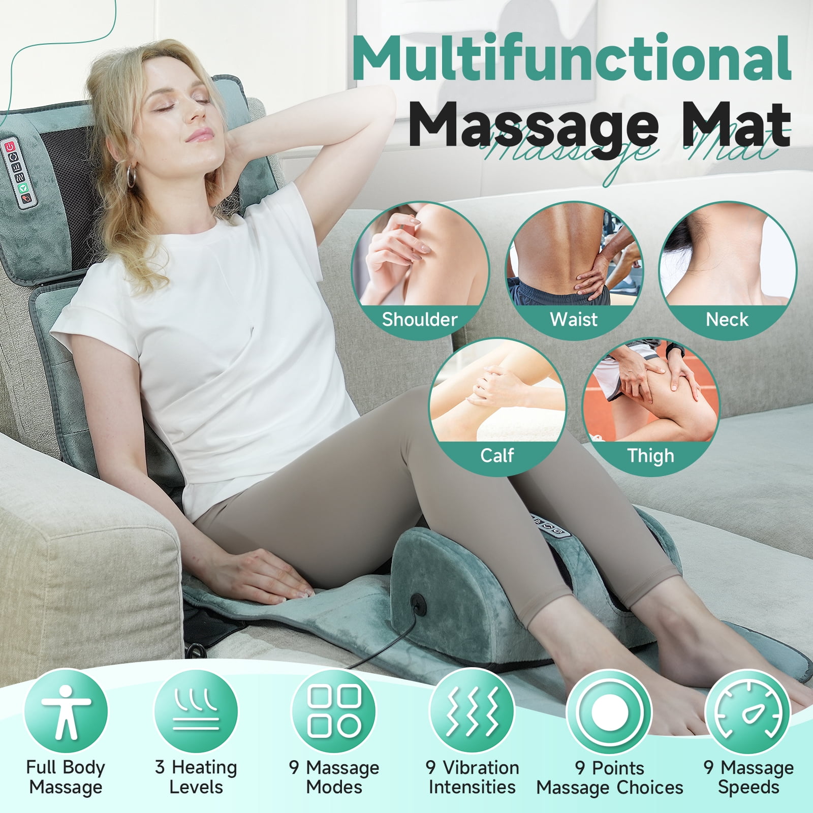 HEMXSZH Full Body Massage Mat with Remote Vibration & Heat, Foot Massage Headrest & Lumbar Pillow, Gray