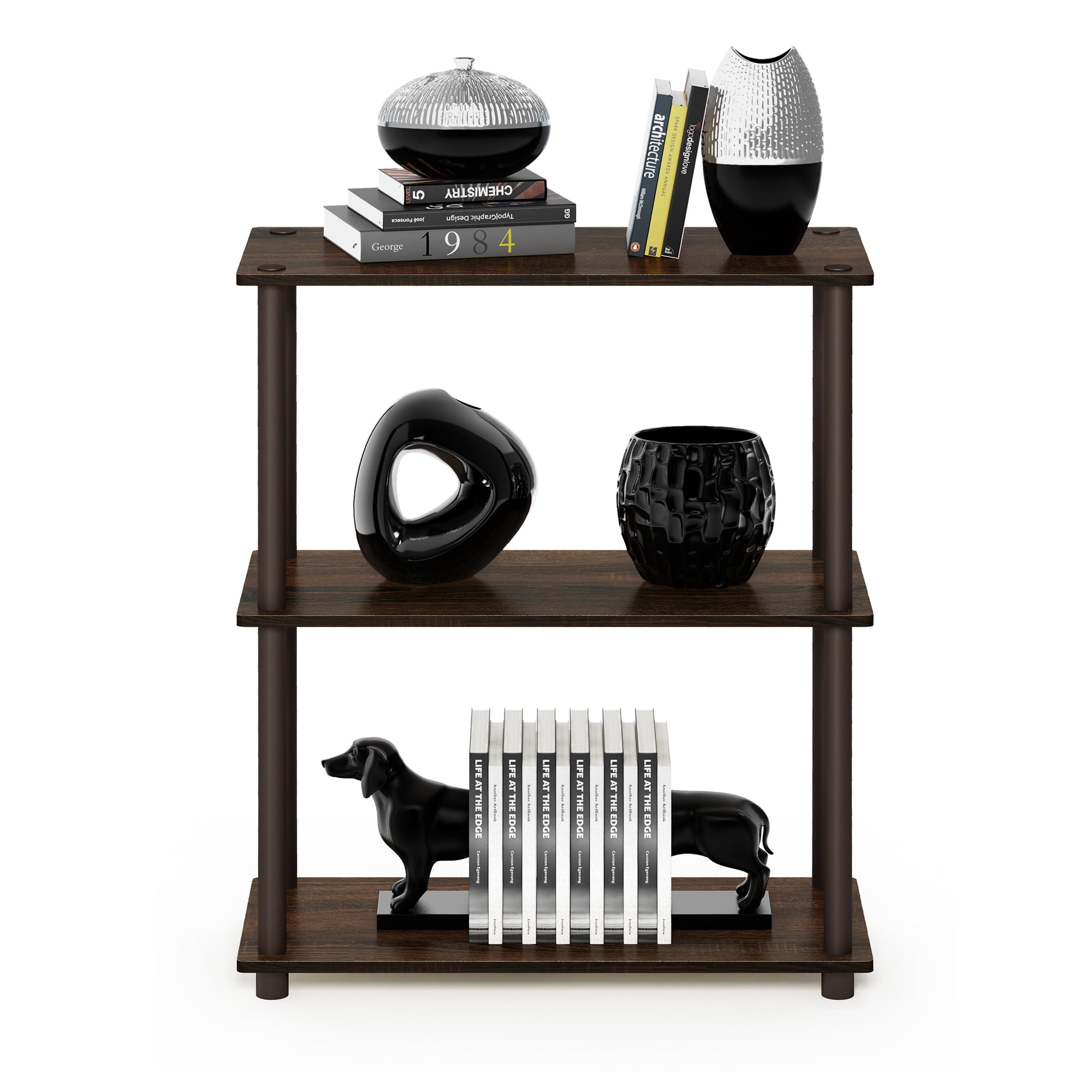 Furinno TURN-N-TUBE Storage Shelves, 3-Tier Book Shelf, Corner Shelf, Toolless Open Shelves, for Organization and Storage, Living Room, Bedroom, Entryway, Laundry, Black Walnut