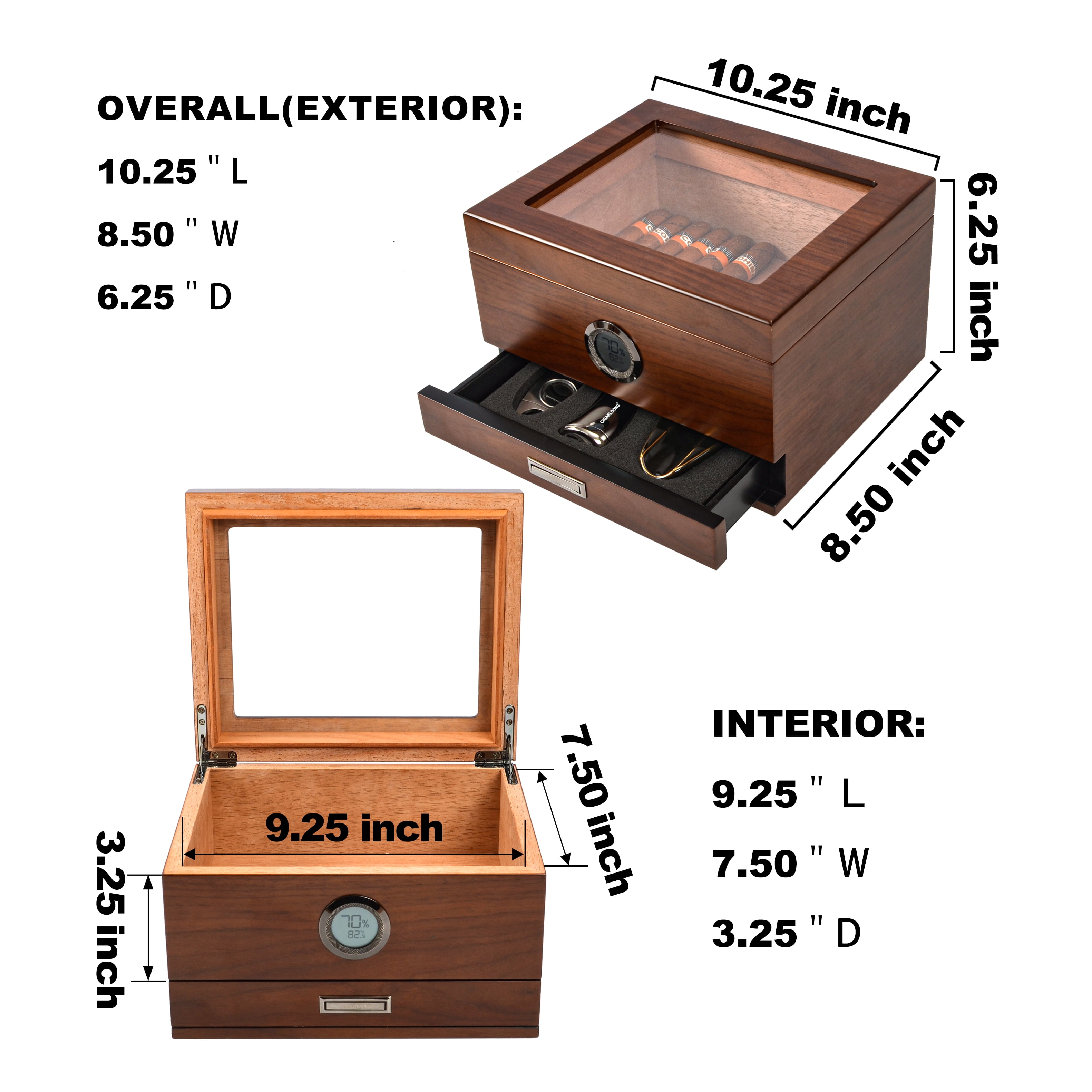 High Gloss Cigar Humidor Cigar Box, Real Solid Spanish Cedar Wood, Luxury  Hygrometer and Humidifier, Desktop Humidors Gloss Black (25-50 Walnut)