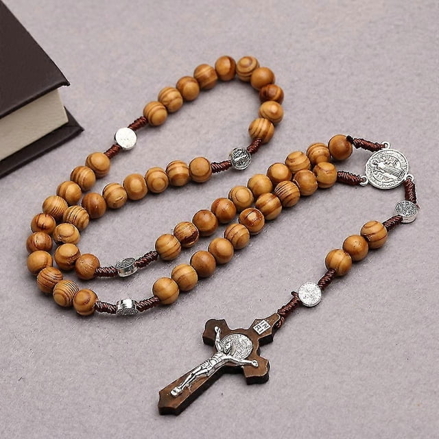 Olive Wood Rosary Necklace Catholic Rosary Wooden Bead Cross Handmade Rosary Wood Chain Olive Wood Cross Necklace with Flannel Bag for Men Women