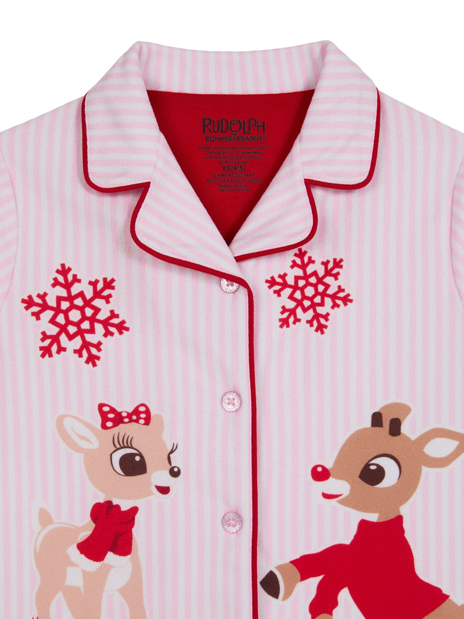 Rudolph Girls Button Front Top and Pant Pajama Set, 2-Piece, Sizes 4-12
