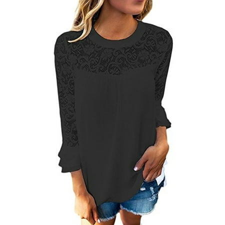 - DYMADE Women's 3/4 Sleeve Embroidery Lace Patchwork Chiffon Shirt Blouse Casual Top