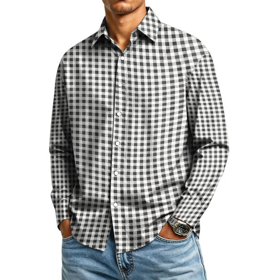 FGVCTG Mens Plaid Shirts Casual Classic Long Sleeve Collar Button Down Shirts Daily Outdoor Casual Shirt Black L