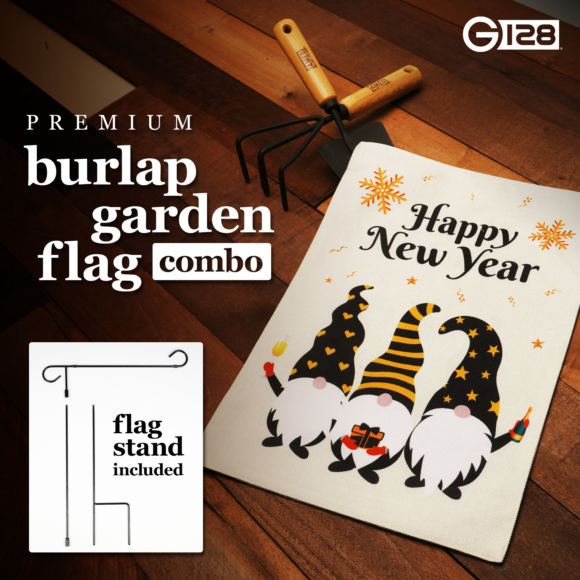 G128 Set: 36"x16" Garden Stand AND 12"x18" Double-sided New Year Garden Flag Three Gnomes Burlap