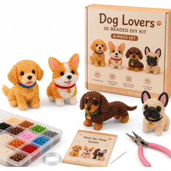 Tiny 3D Beaded Animal DIY Kit – Dog, Beginner Beading Craft Set, DIY Bead Art Kit for Adults Teens, Make One Cute Dog