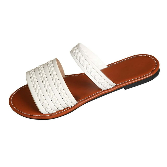 Slide Sandals for Women Flat Open Toe Weave Straps Non Slip Summer Beach Sandals White