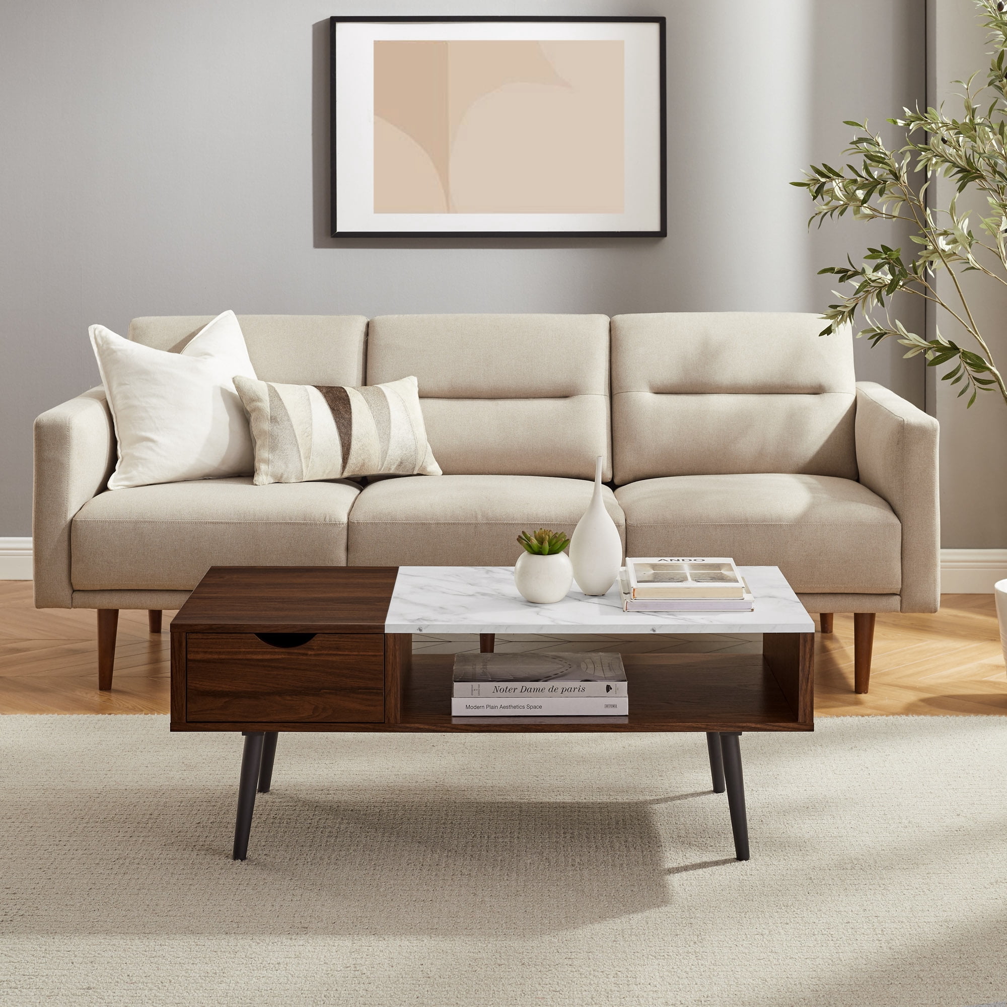 Walker Edison Mid-Century Modern 1-Drawer Booker Marble Coffee Table