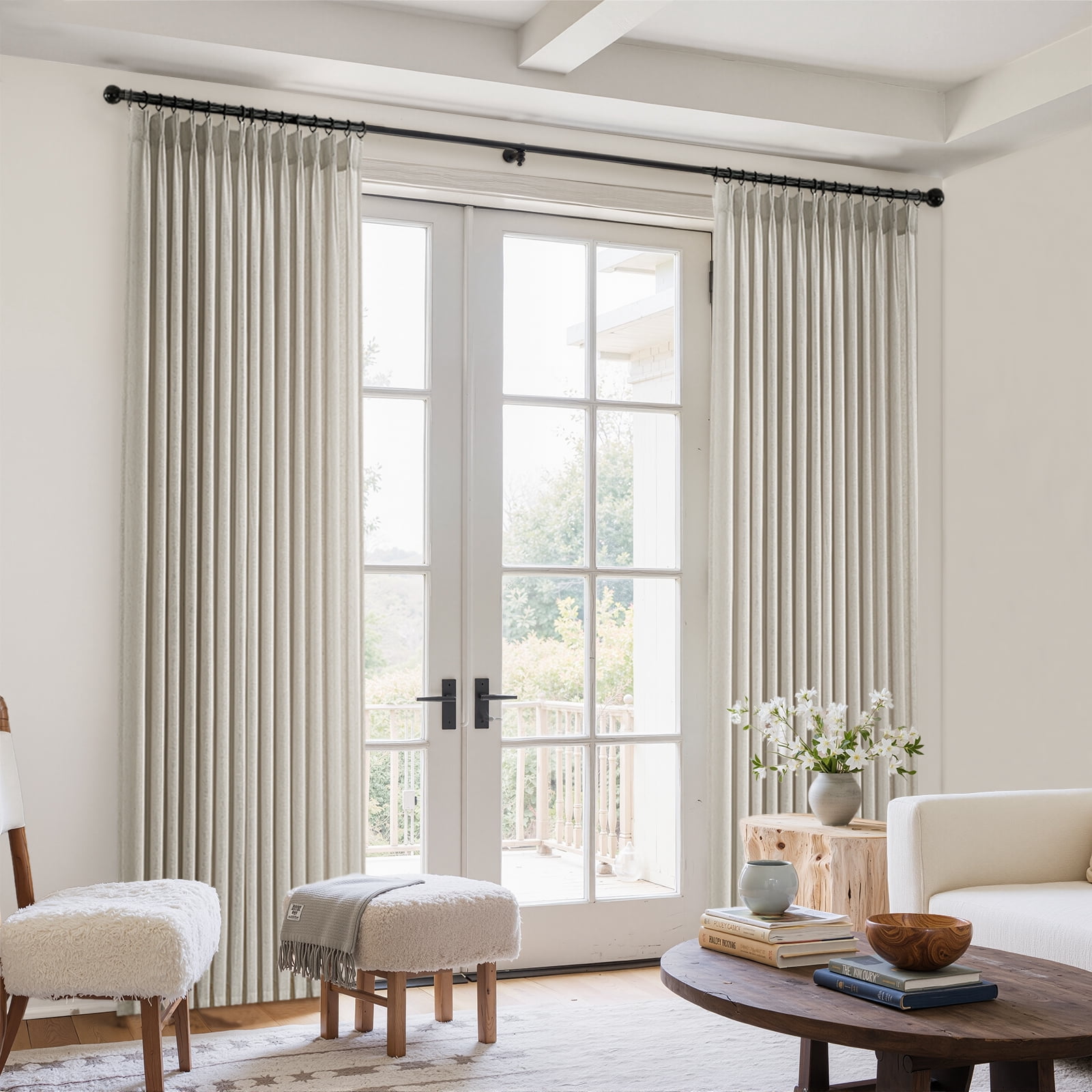 Jainmy Pinch Pleated Linen Curtains, Boho Light Filtering Living Room Bedroom Curtain,Window Treatments with Hook,Oatmeal, 40x96 inch, 2 Panels