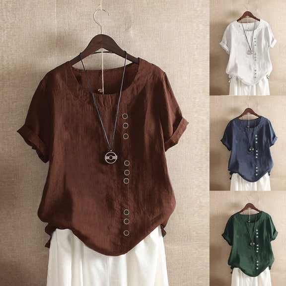 Women Plus Size Boho Casual Button Linen Loose Blouse Top Tunic