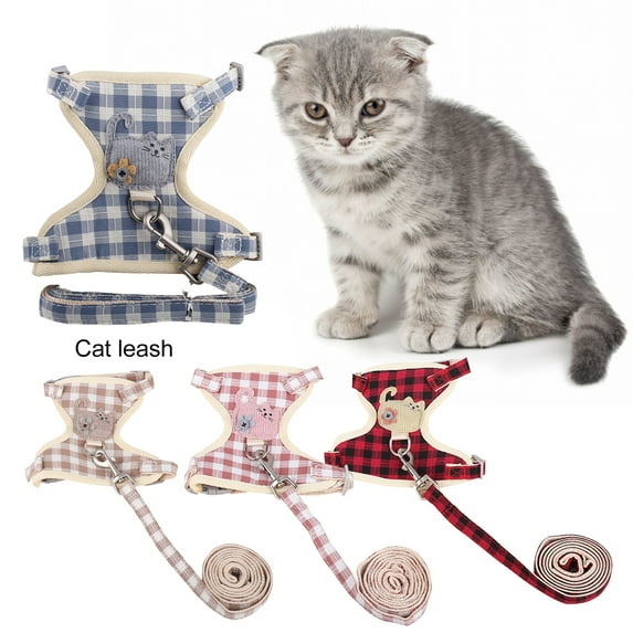 Kripyery Cat Harness Three-dimensional Pattern Buckle Adjustment Cartoon Comfortable Break Free Dress Up Cloth Plaid Design Cat Leash for Outdoor