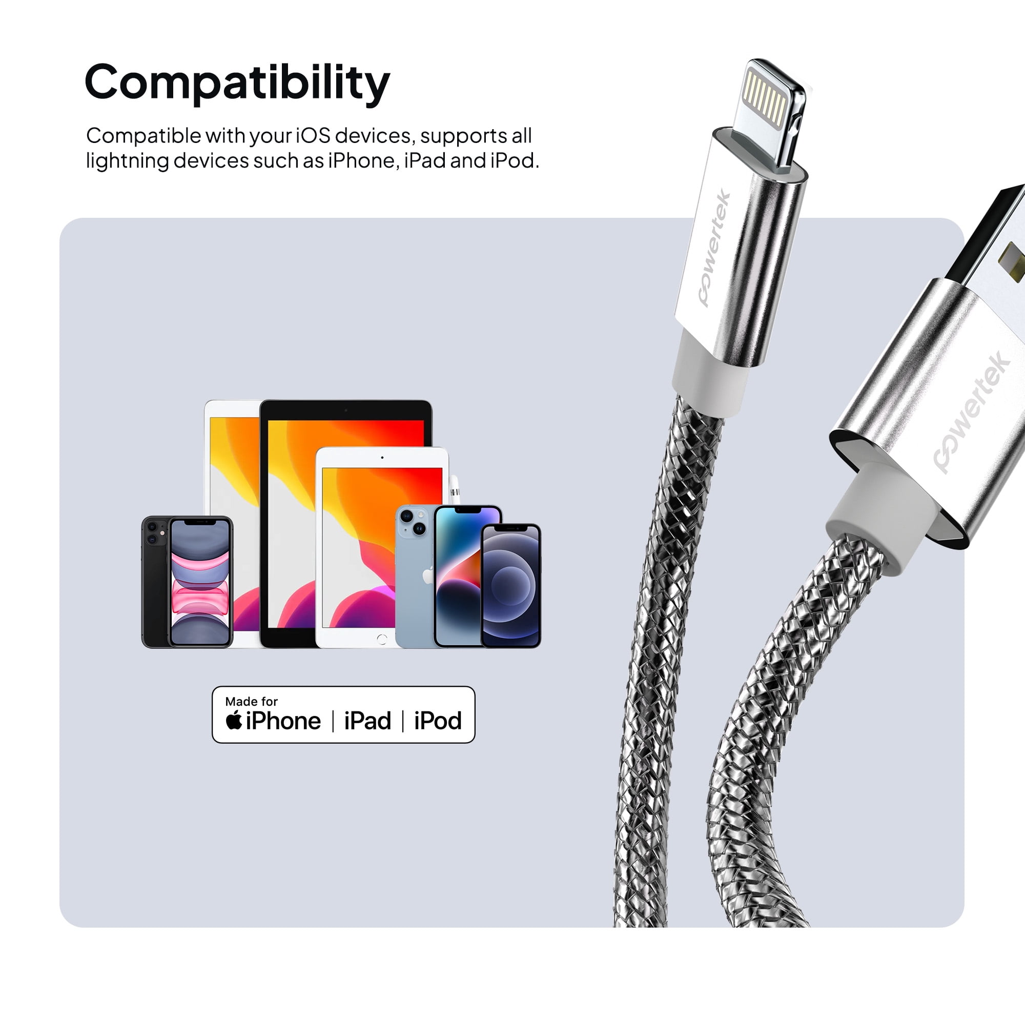 Powertek Luxe 6ft USB-A to Lightning Cable, Silver, Fast Charge & Sync, Metallic Mesh PVC Jacket, Durable Tangle-Free Design