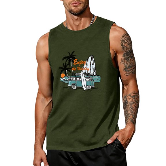 Uwinwear Mens Sleeveless Tank Tops Graphic Crew Neck Casual Sleeveless Shirts Summer Beach Palm Tree Printed Vintage Hawaiian Vest,Army Green,XL