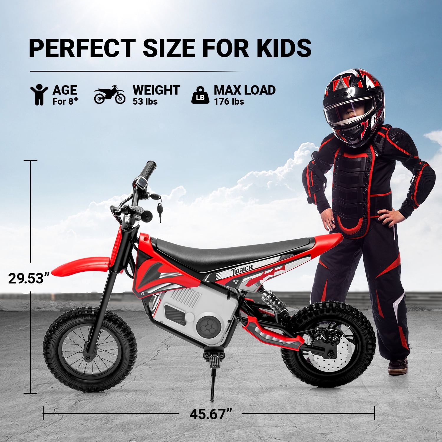 Track Seven 24V Electric Dirt Bike, 250W Ride on Motorcycle with Twist Grip Throttle, Hand-Operated Dual Brakes, Speed Up to 10 MPH, for Age 8-12, Red