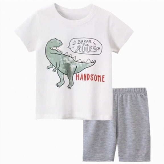 NOLDARES Toddler Baby Boy Outfits 2 Pieces Crewneck Short Sleeve T-Shirt Casual Shorts Dinosaur Truck Print Clothes(White,12-18 M)