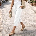 thumbnail image 4 of Capris Pants for Women Cotton Linen Casual Summer Straight Wide Leg Loose Drawstring Elastic Waist Cropped White S, 4 of 6