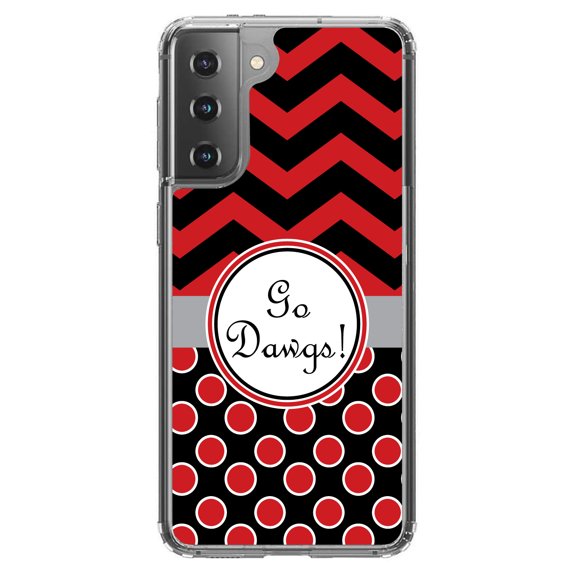 DistinctInk Clear Shockproof Hybrid Case for Galaxy S21  PLUS 5G (6.7" Screen) - TPU Bumper, Acrylic Back, Tempered Glass Screen Protector - Red Black Go Dawgs