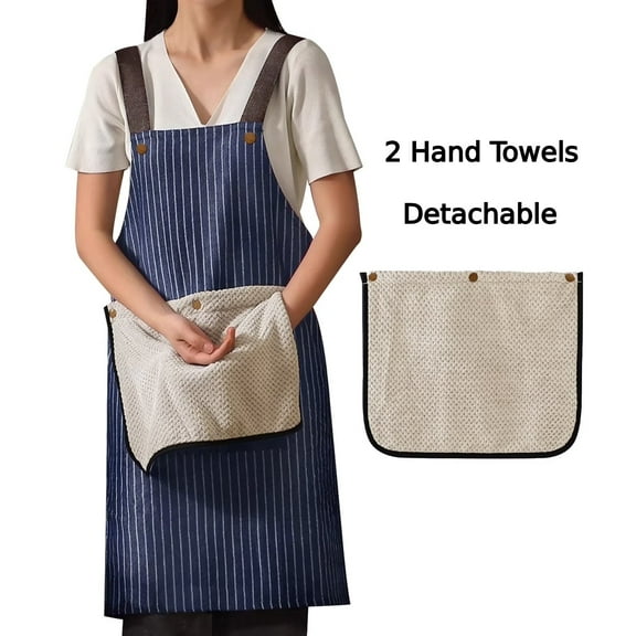 HonorHut Kitchen Apron Waterproof Striped Pinafore with 2 Removable Hand Towels Baking Cooking Apron Cross Back Chef Pinny for Women Men Blue