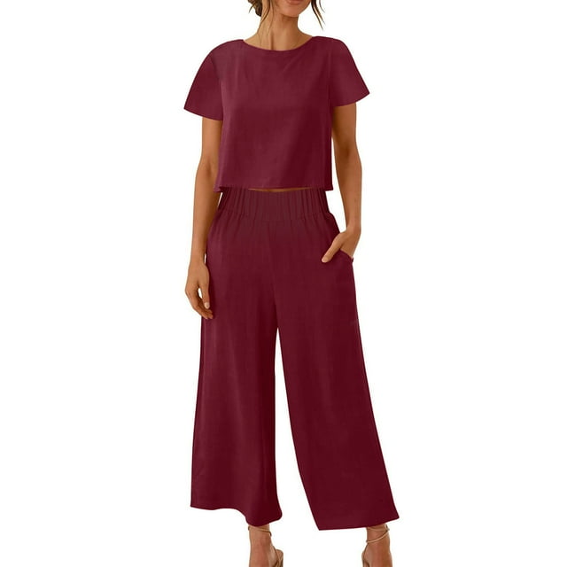 zanvin Ensembles 2 Pcs pour Femmes, Ensembles Assortis d'Été 2 Pcs pour Détente pour Femmes, Tenues Unies en Lin, Hauts à Col Rond à Manches Courtes et Pantalons Longs, Survêtements